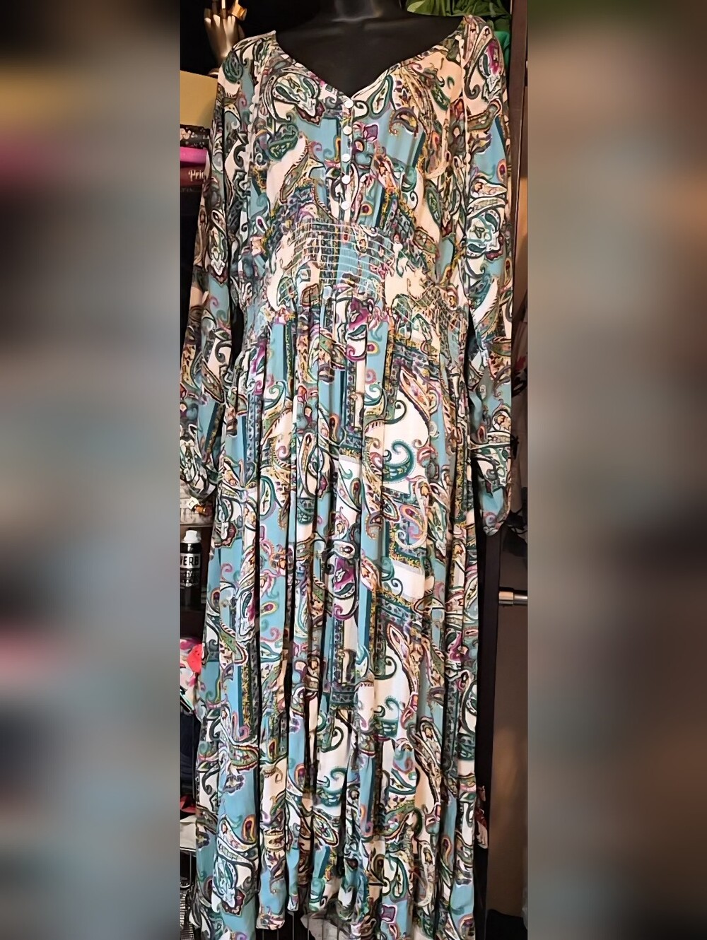 Kate &Sam Dress Womens XL Paisley Print Flounce Hem Smocked Waist Boho Peasant